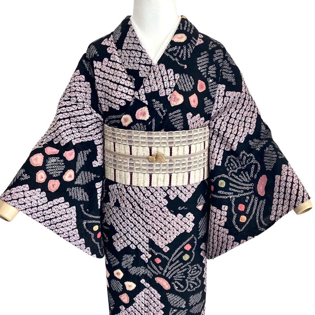 有松絞り【浴衣】未使用 鉄線 花柄 綿 総絞り 紫 コーラルピンク