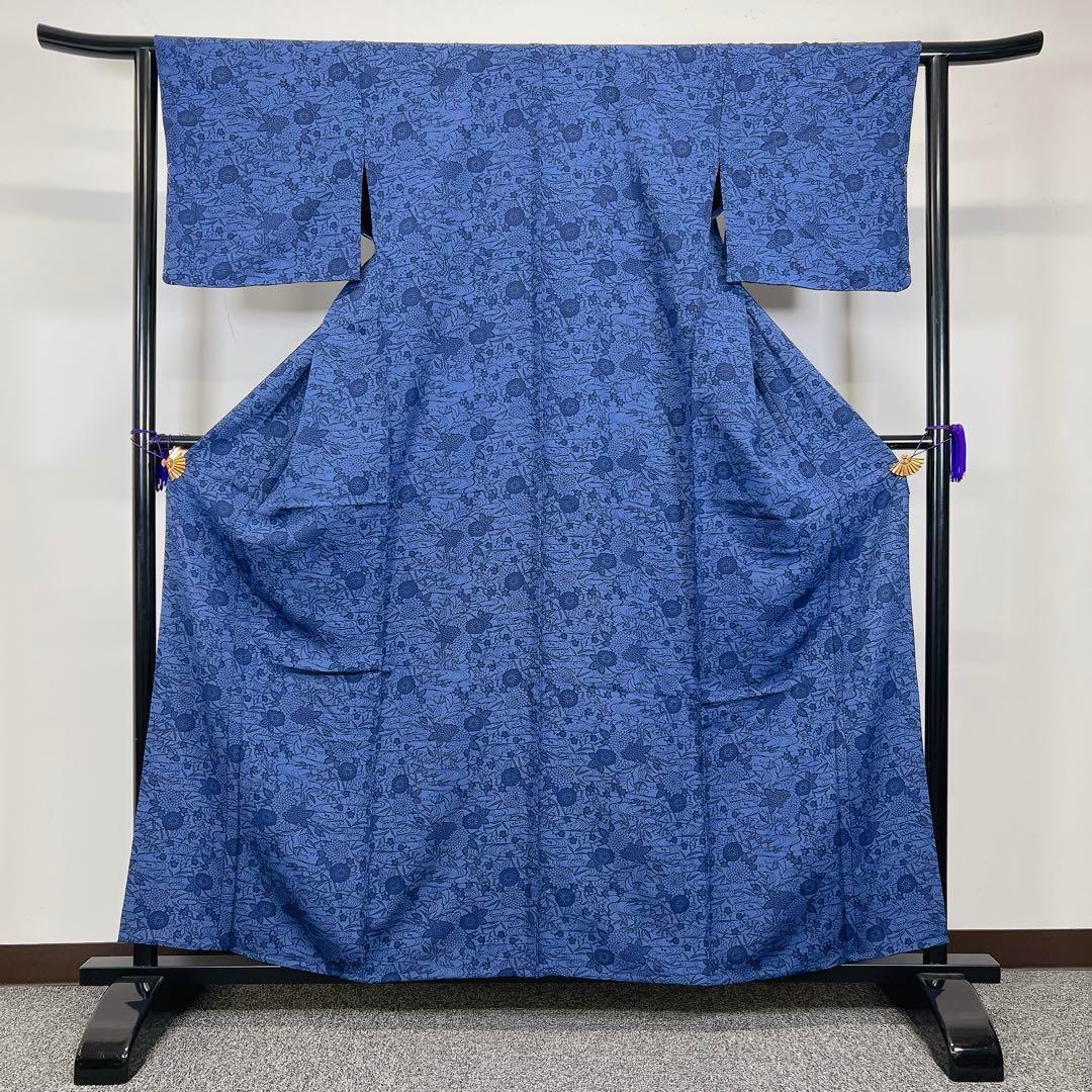 型染め　単衣　菊花　流水　花模様　桔梗　小紋　着物　061t