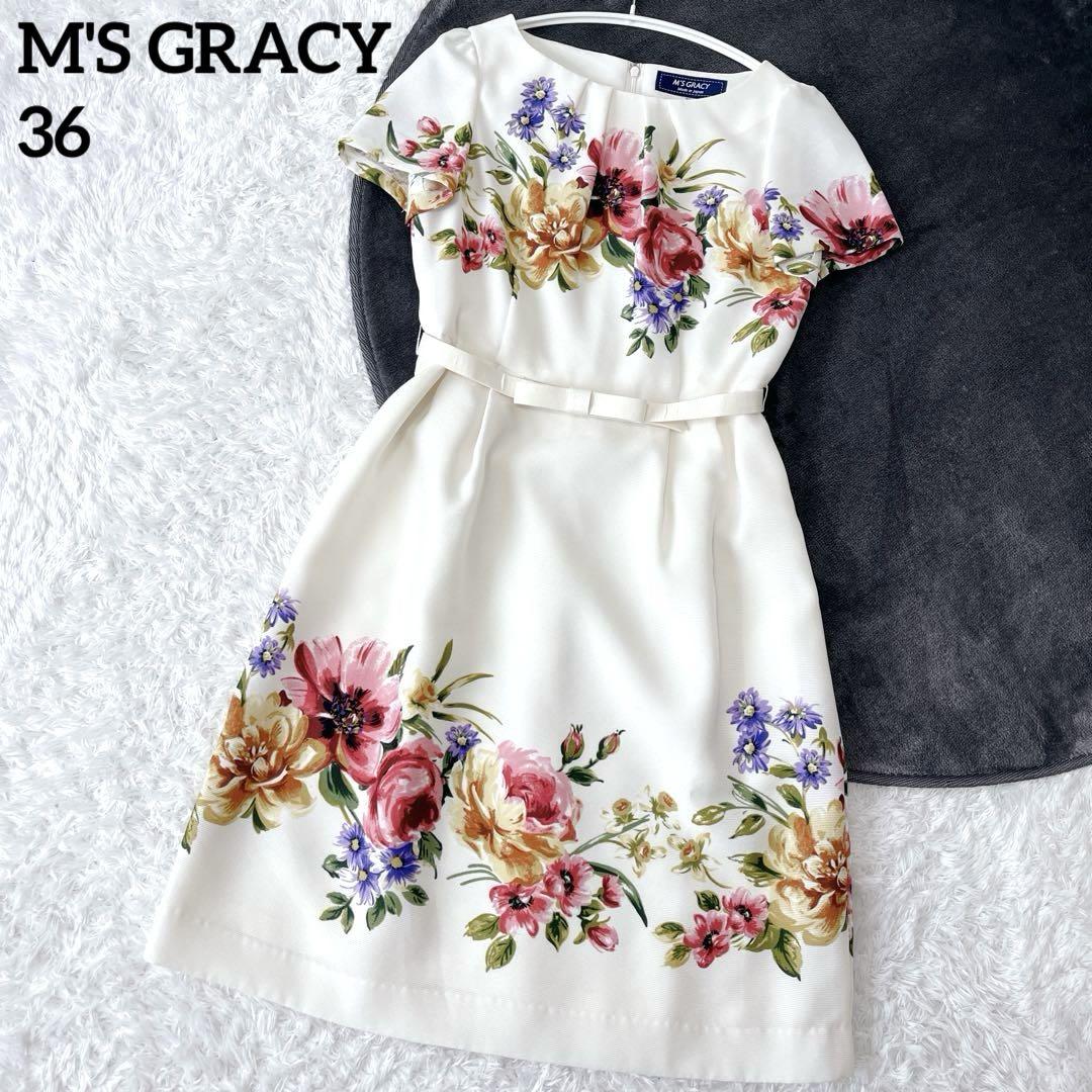 美品 エムズグレイシー フレアワンピース ひざ丈 長袖 ベロア 花リボン M'S GRACY - M's GRACY エムズグレイシー 花柄 リボン フレア