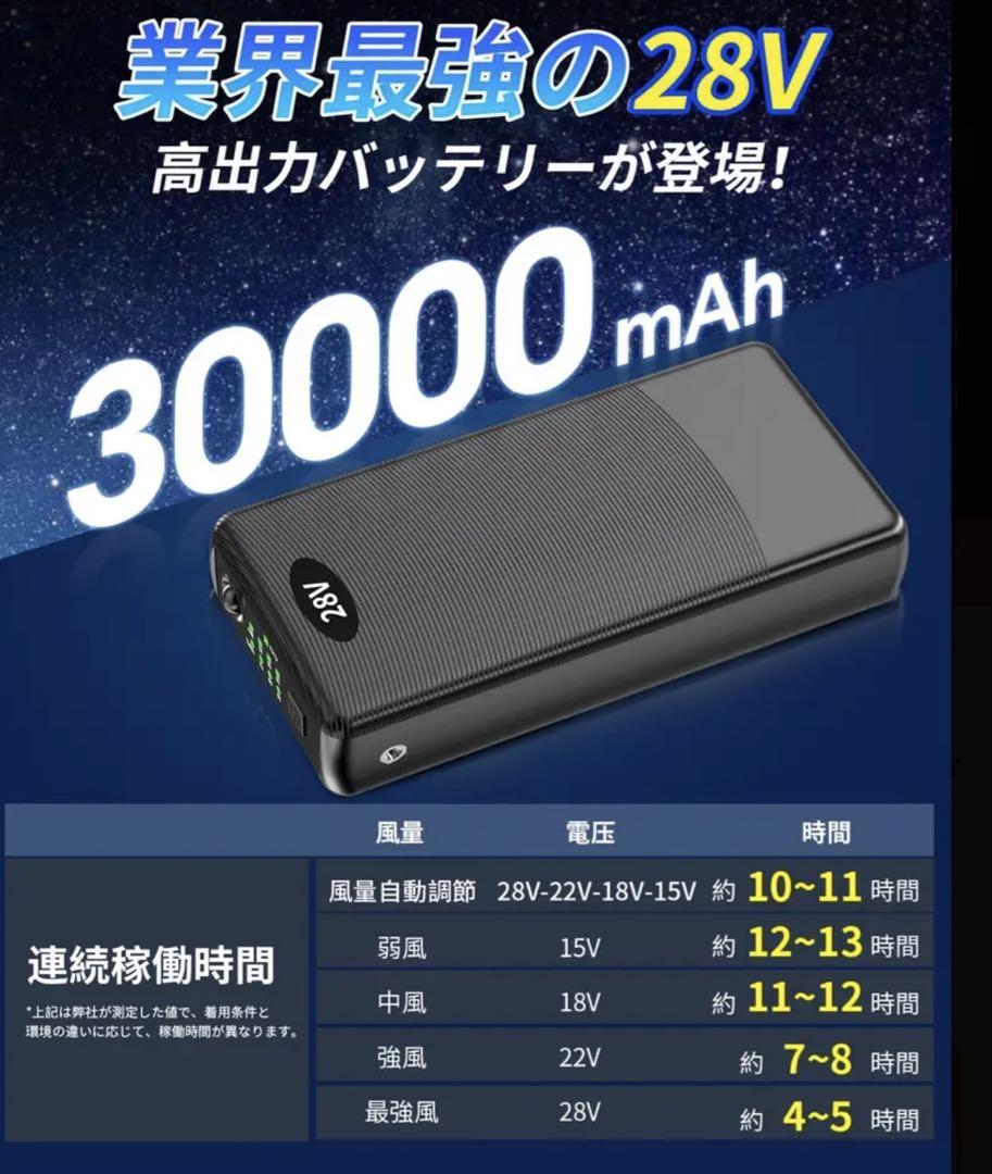 空調作業服用 ファン バッテリーセット 28V 強力 強風 30000mAh