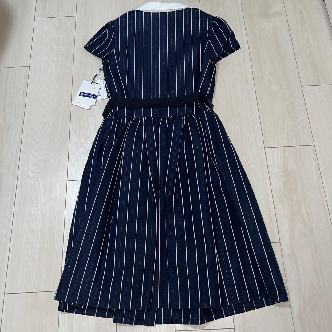 エムズグレイシー リボン付きストライプワンピース ネイビー エムズグレイシー リボン付きストライプワンピース ネイビー