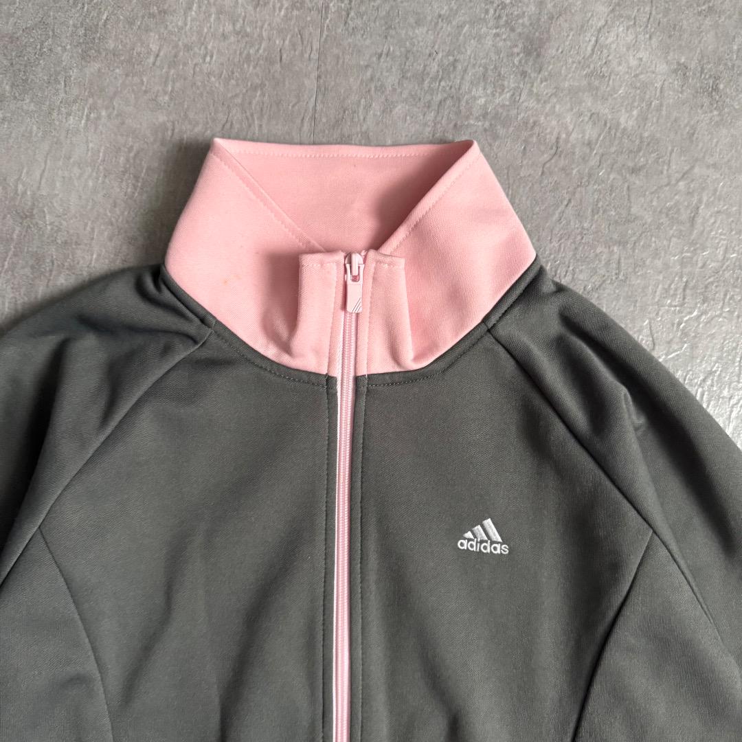 y2k adidasトラックジャケットジャージグレー×ピンク古着スポーティ