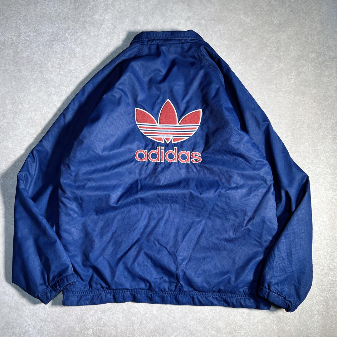 90s adidas ナイロンジャケット 中綿 両面刺繍 デカロゴ ブルー