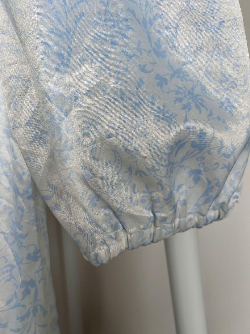 水色　花柄　光沢　古着　一点もの　ワンピース　ネグリジェ　ドレス　マキシ丈
