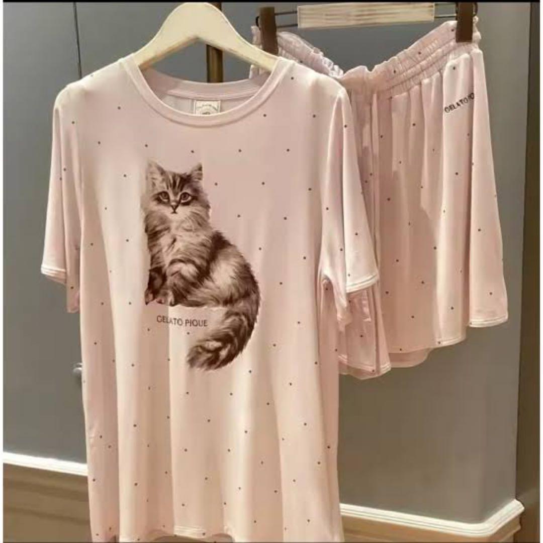 ジェラートピケ CAT柄 ピンク Tシャツ パンツ セット