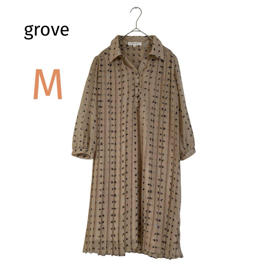 grove グローブ　七分袖　ワンピース　ベージュ　透け感あり　M 春夏