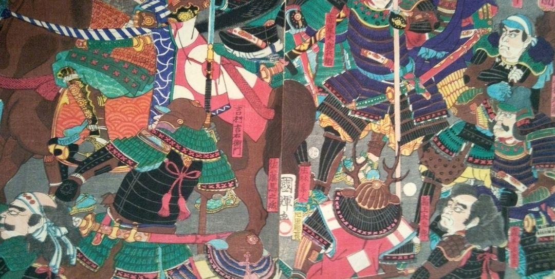 浮世絵、正清十六勇臣揃之圖三枚綴り、二代歌川国輝画