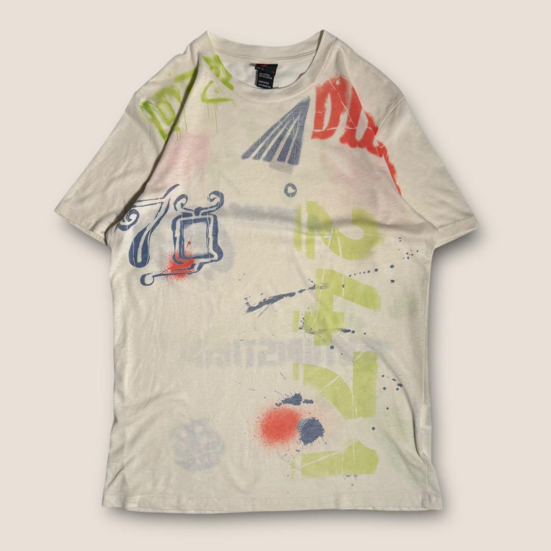 【総柄】イタリア製 DIESEL 落書き風 プリント Tシャツ XL ナチュラル