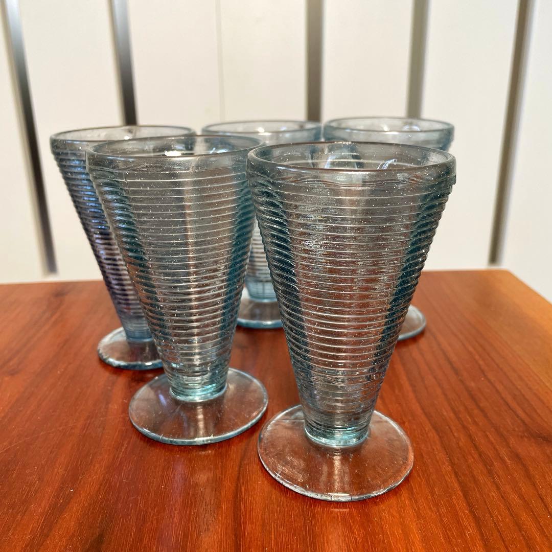 【レトロガラス】気泡の入ったグラス　輪文様　ビアグラス　パフェグラス　5脚