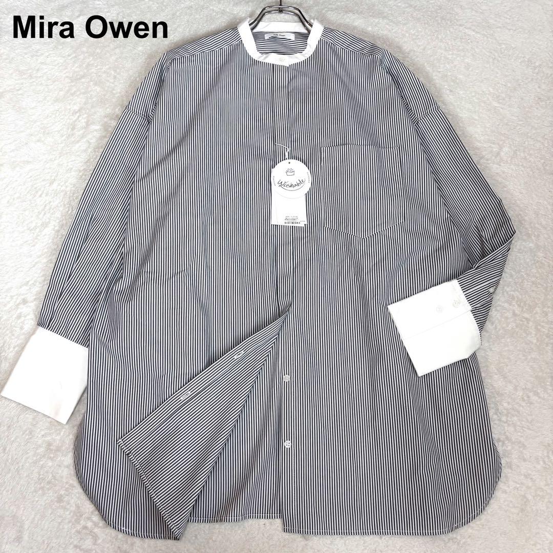 【23年タグ付新品】Mira Owen バンドカラーオーバーシャツストライプ 黒トップス