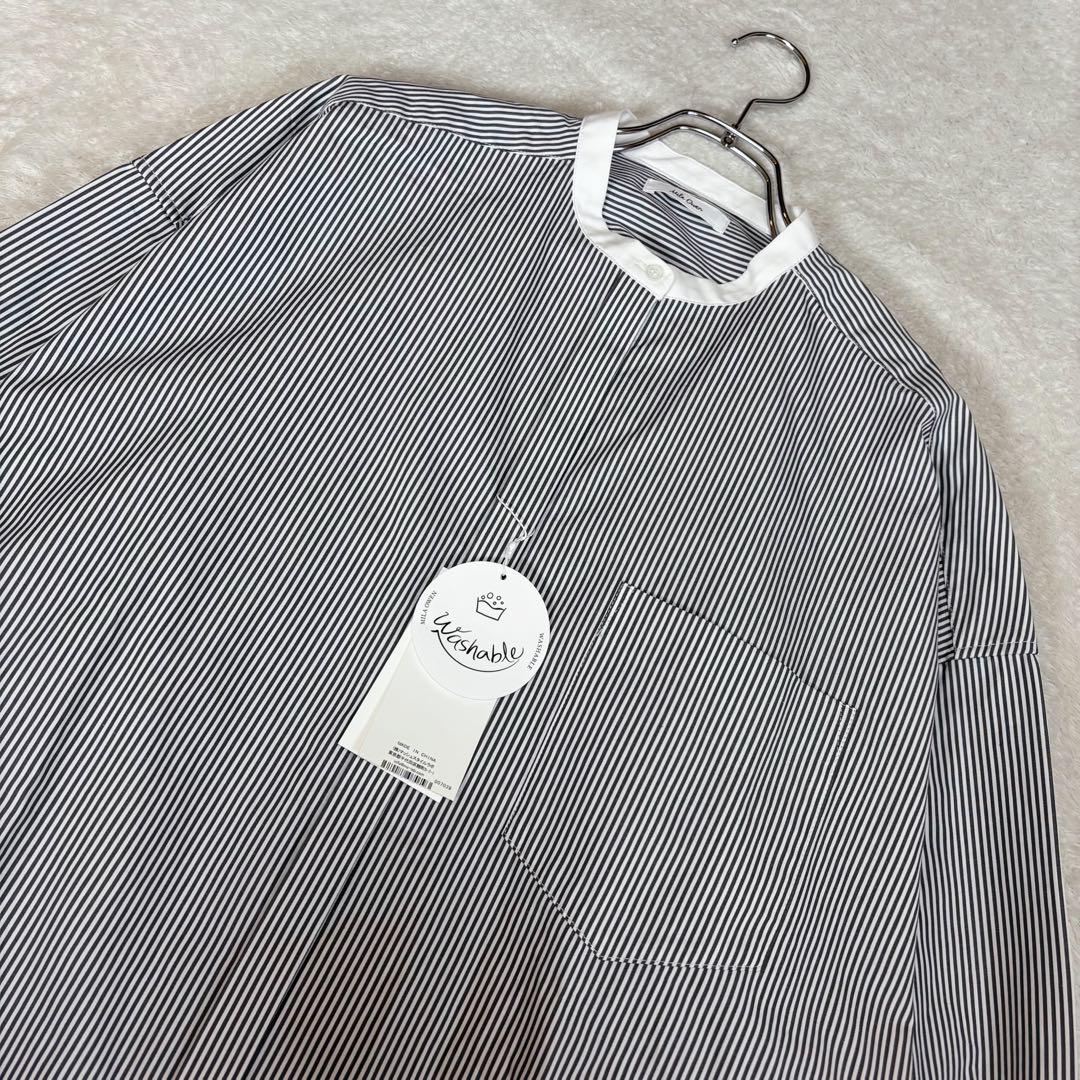【23年タグ付新品】Mira Owen バンドカラーオーバーシャツストライプ 黒