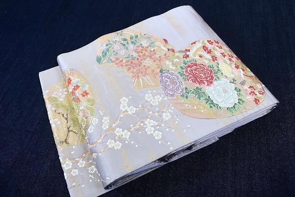 美品 袋帯 パープルグレー 扇面 吉祥花 牡丹 鳳凰 枝梅長さ4m14cm　正絹 美品 袋帯 パープルグレー 扇面 吉祥花 牡丹 鳳凰 枝梅長さ