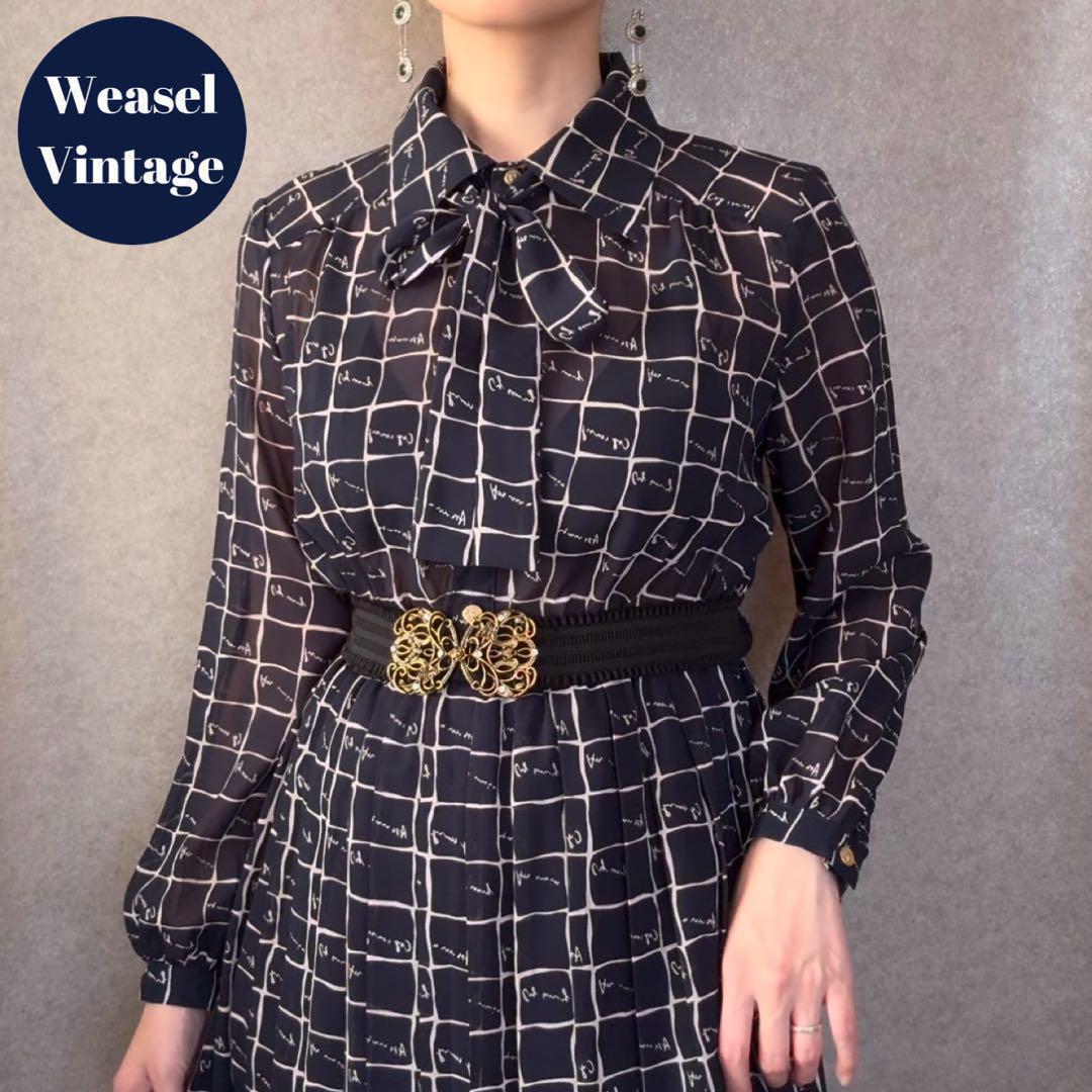 ヴィンテージ レトロ古着 レタリング柄ボウタイワンピース ネイビー 金ボタン