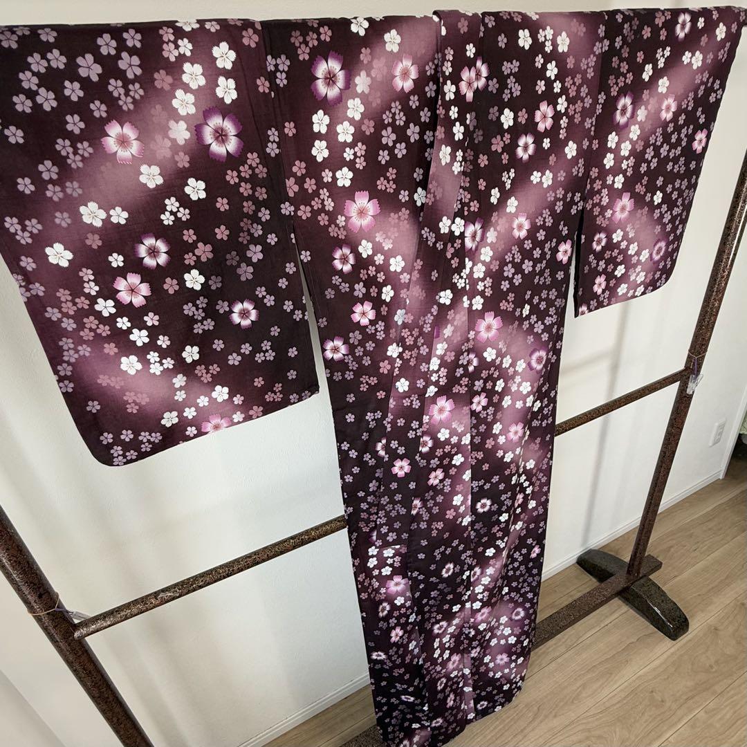超美品 綿 現代浴衣 浴衣 着物 夏物 162黒 焦茶 ピンク 桜