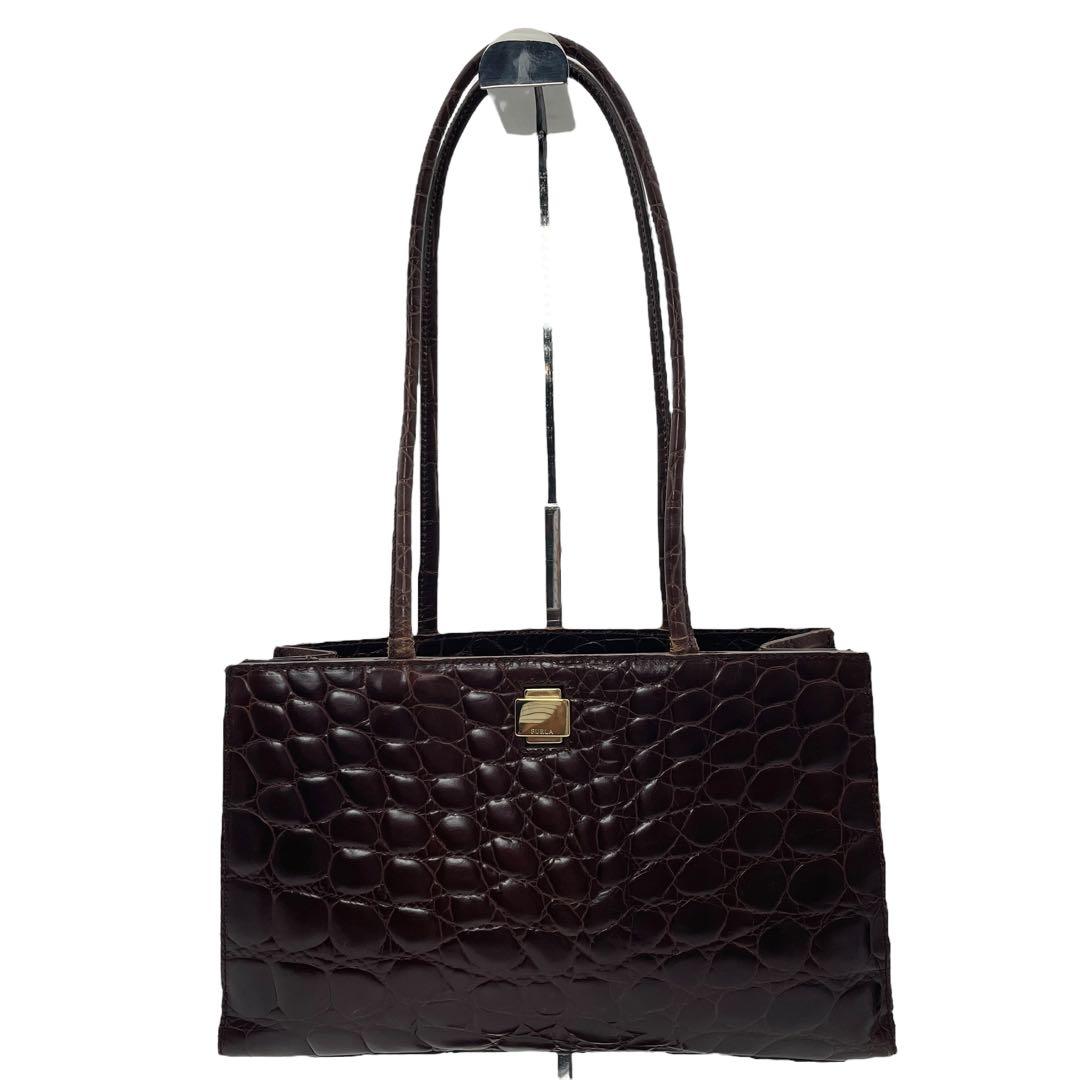 日本最大級 FURLA トートバッグ クロコ型押し エナメルレザー ダーク バッグ