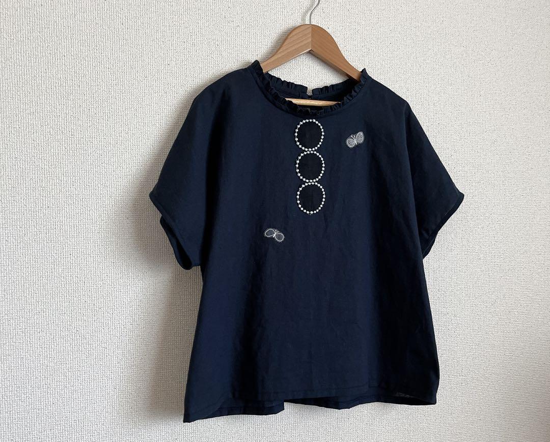 ハンドメイド ミナペルホネン タンバリン choucho フレンチ袖 紺
