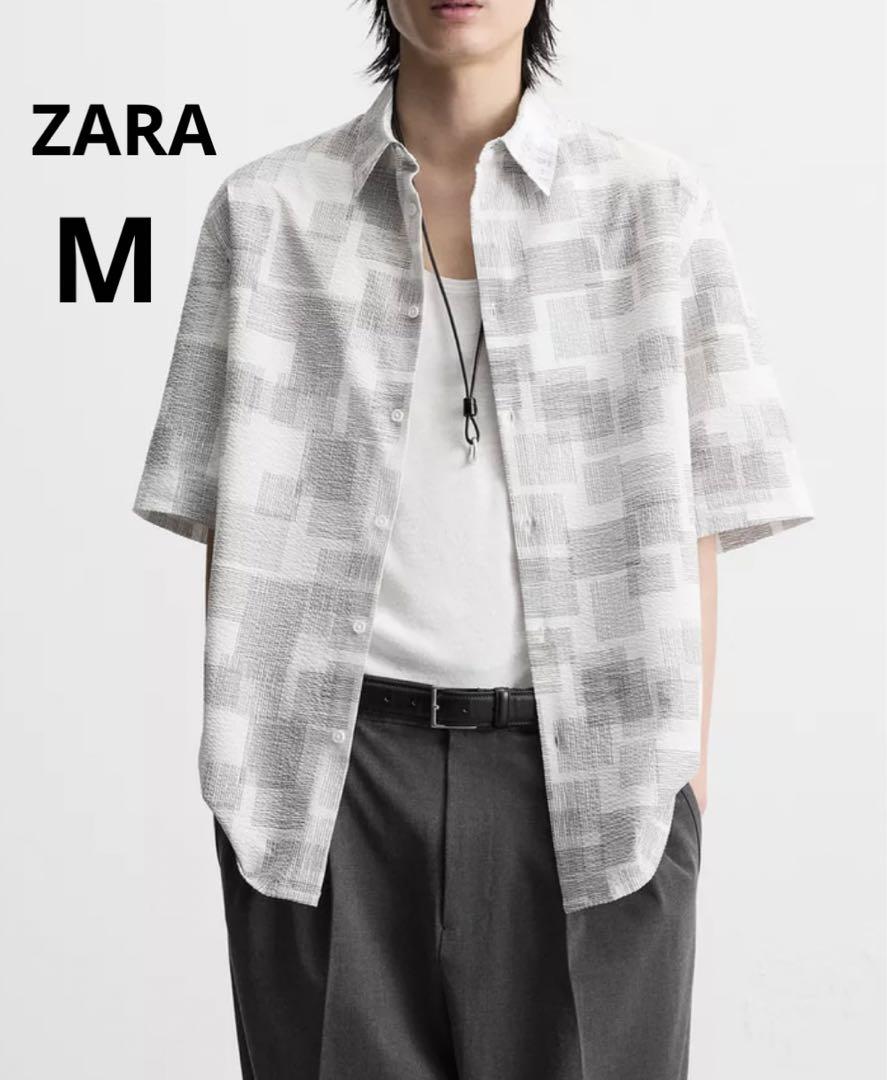 ZARA ザラ　アブストラクトプリント シアサッカーシャツ