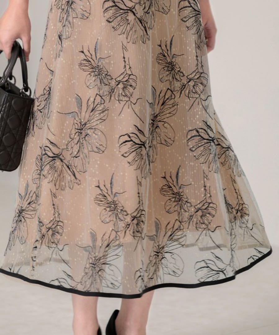 Leja 配色パイピングプチハイネック花柄刺繍ラメレースロング丈ドレスワンピース