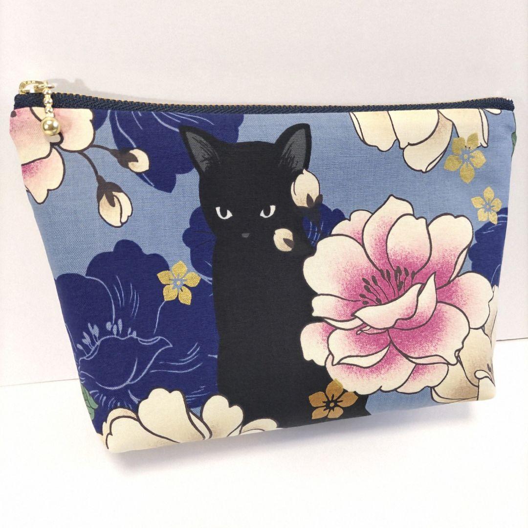 黒猫と牡丹 ハンドメイド ポーチ 化粧ポーチ ファスナーポーチ