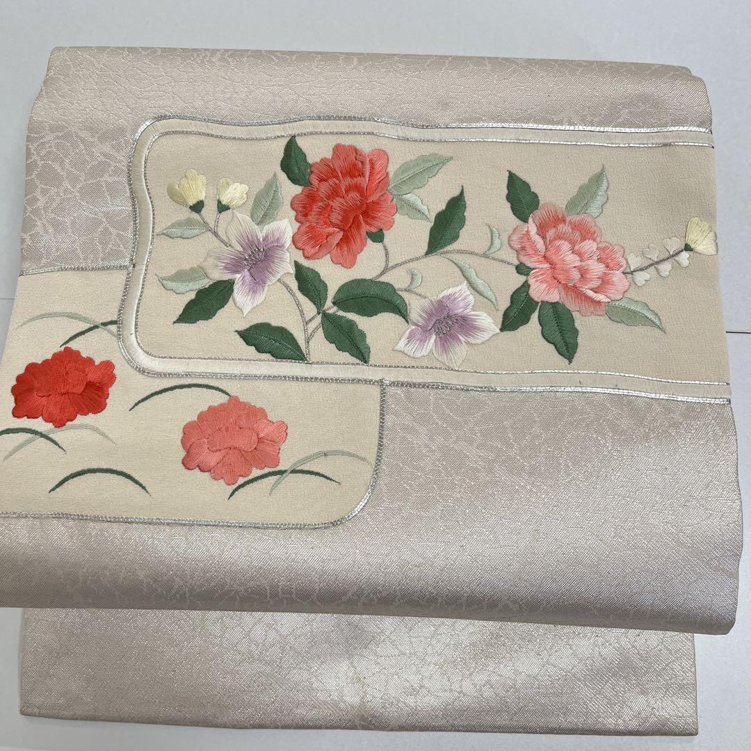 名古屋帯 シルバー 花刺繍 正絹 着物 着付け 和装 HO-347