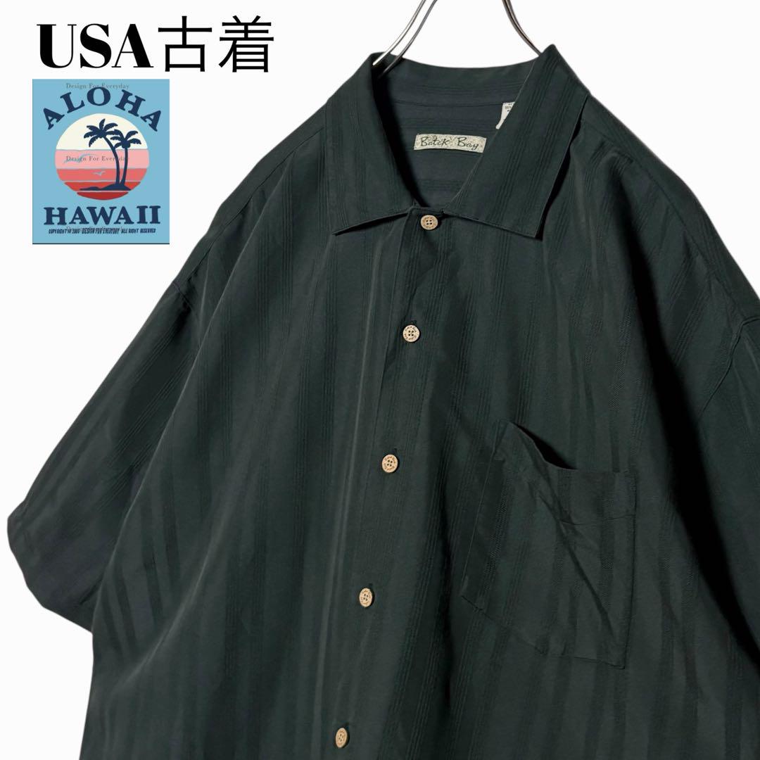USA古着アロハシャツ レーヨン 無地ブラック XXL 黒ストライプサーフシャツ