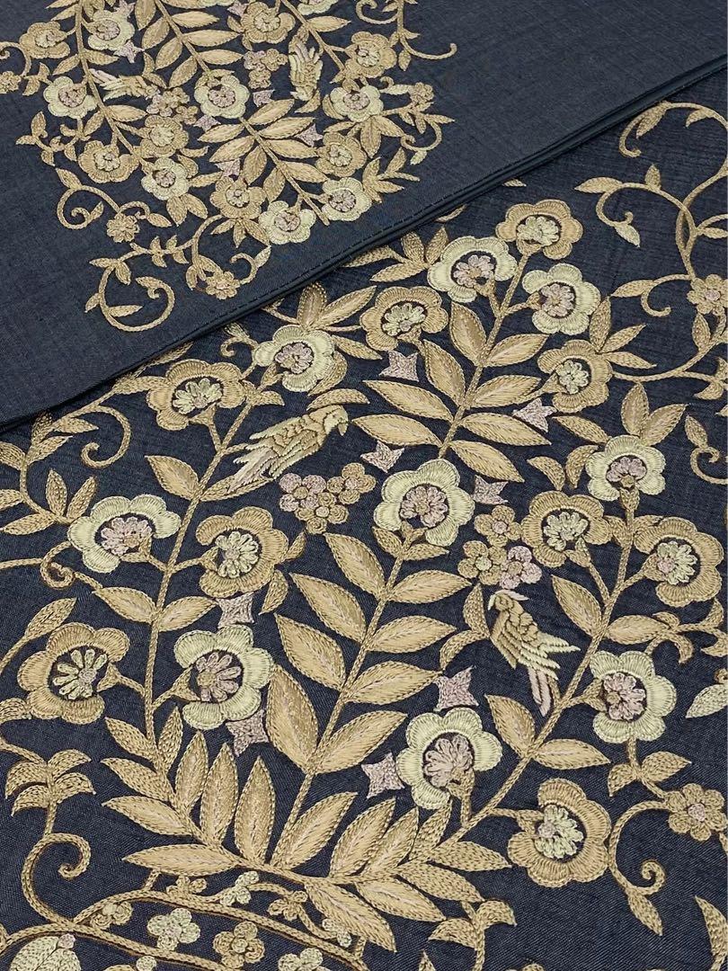貴久樹 袋帯 ゴールデンムガ 手刺繍 花文様 鳥 紬地 正絹 お太鼓 貴久樹 袋帯 ゴールデンムガ 手刺繍 花文様 鳥 紬地 正絹 お太鼓