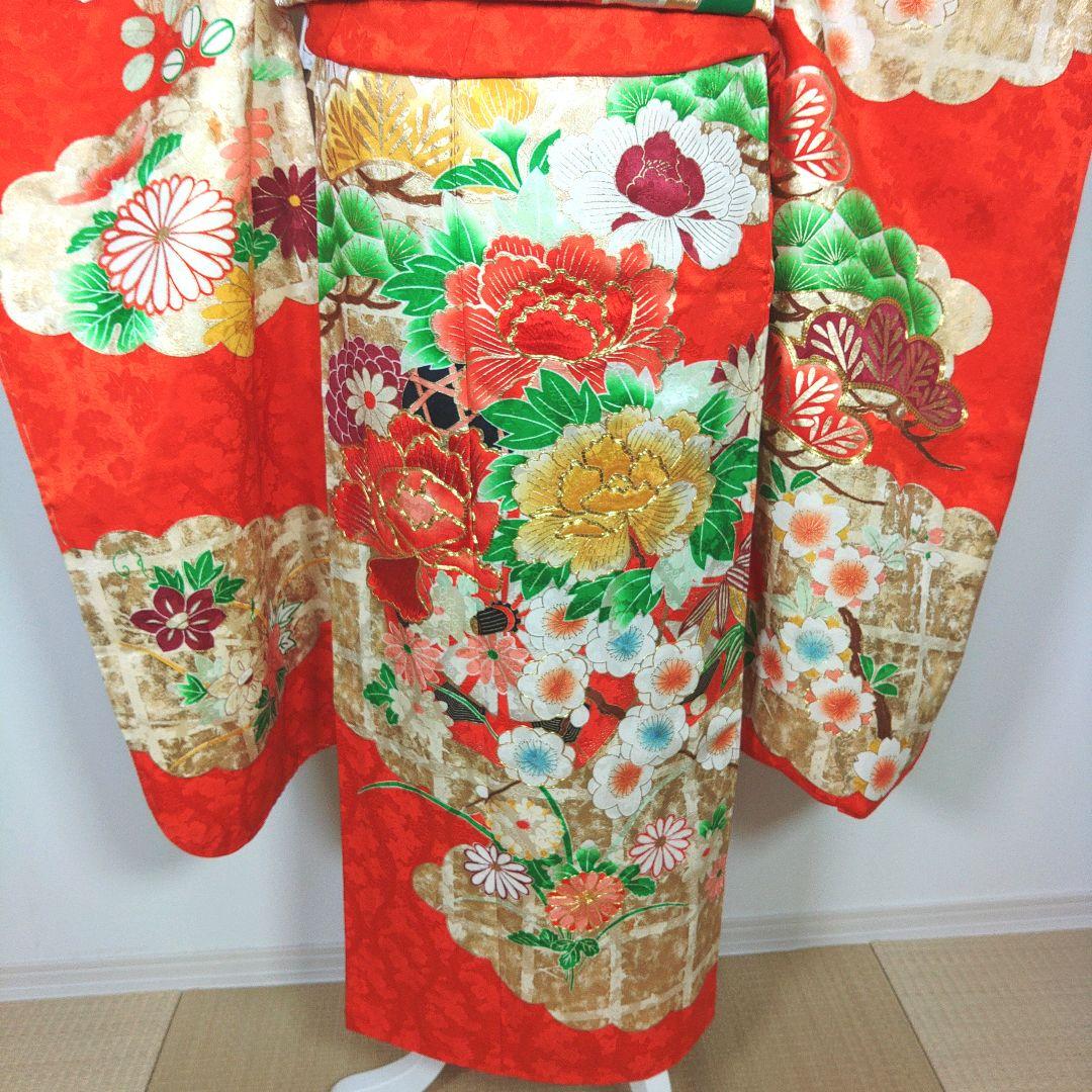 格安！　振袖フルセット　8点　成人式　結婚式　前撮り　オレンジ　緑　刺繍 格安！ 振袖フルセット 8点 成人式 結婚式 前撮り オレンジ 緑