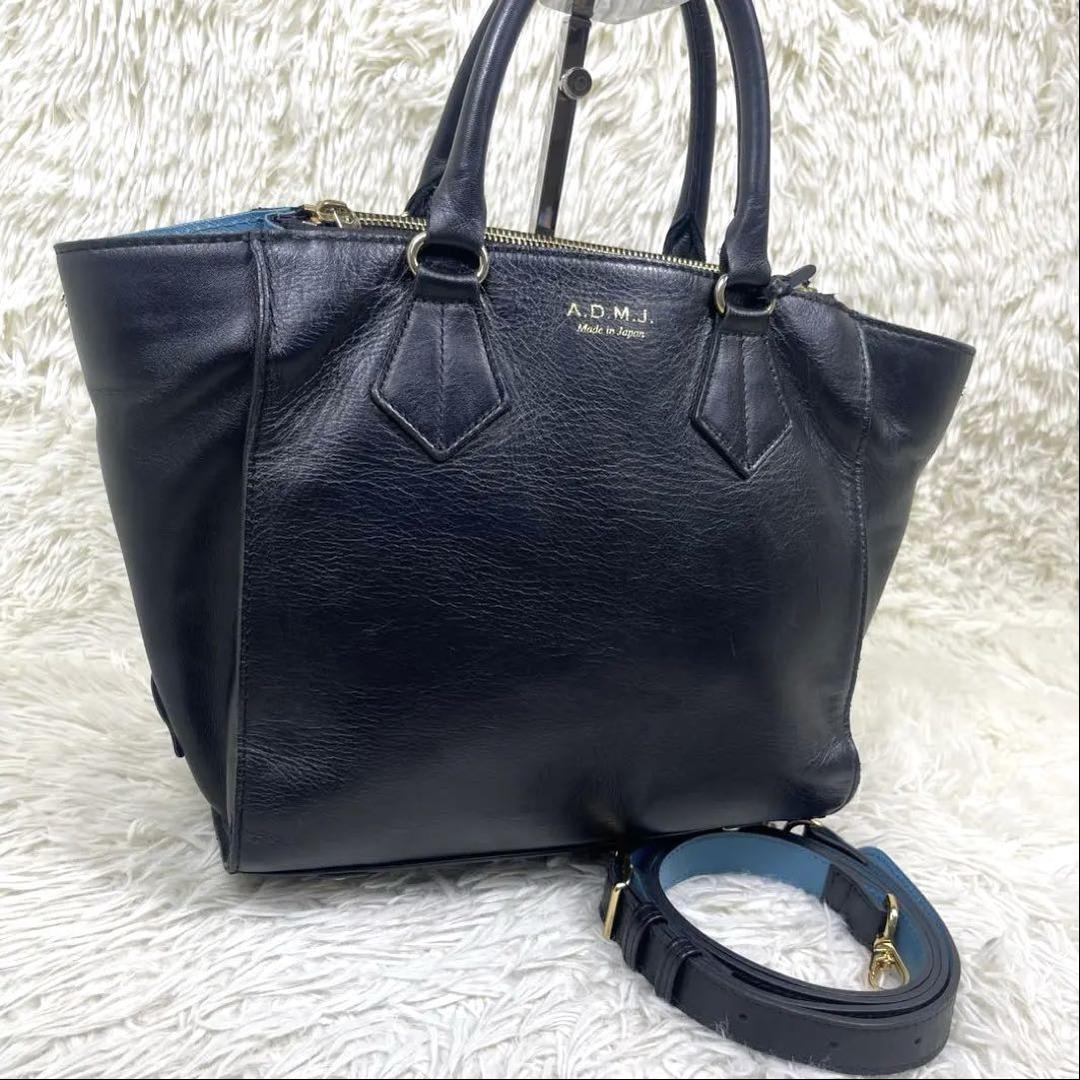 【美品】ADMJ ハンド レザー ブラック シボ加工 ゴールド金具 美品】ADMJ ハンド レザー ブラック シボ加工 ゴールド金具