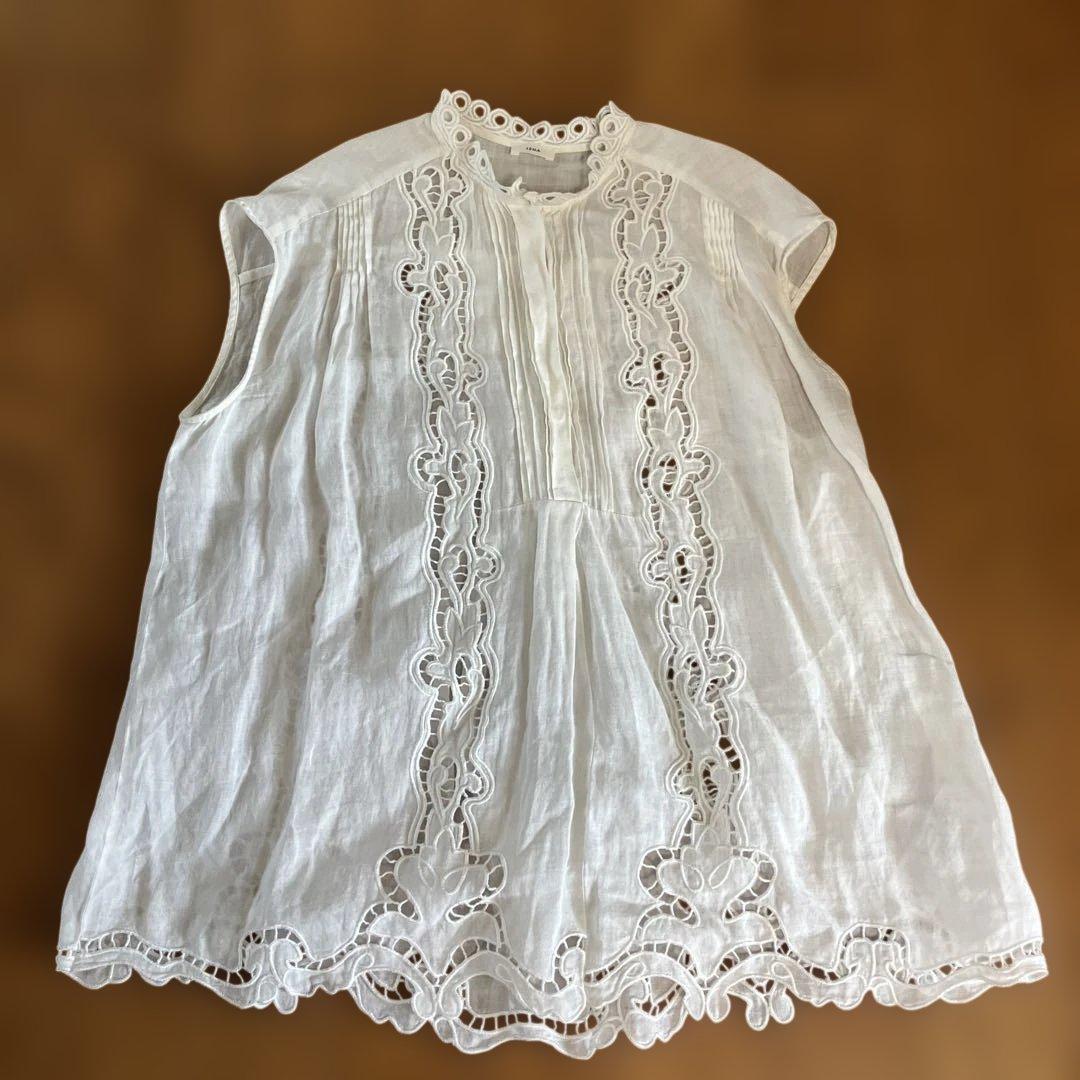 【イエナ】ノースリーブカットソー ブラウス 白 透け感 麻100％ ハイネック