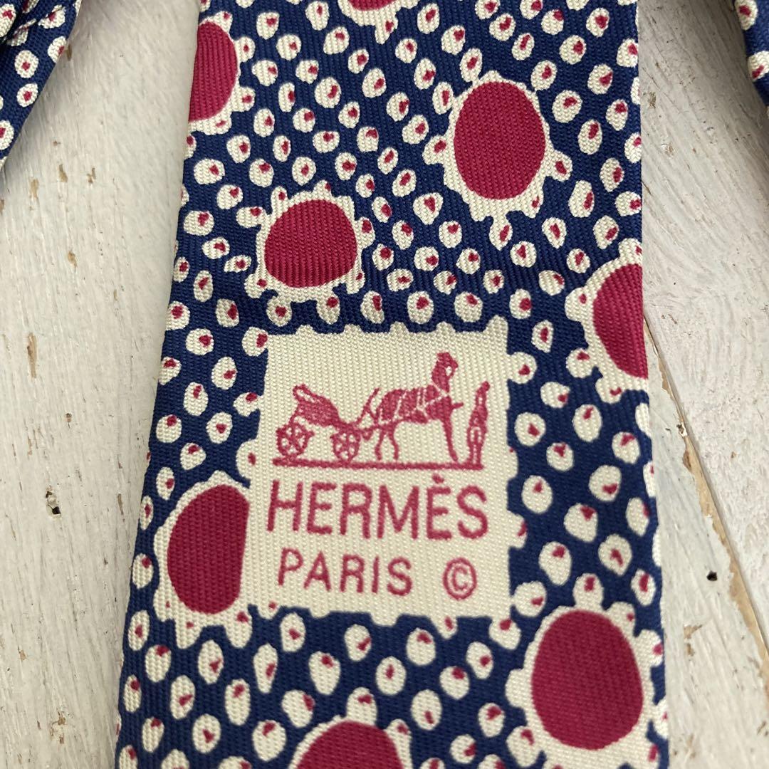 HERMES エルメス ネクタイ ドットパターン レッド×ネイビー