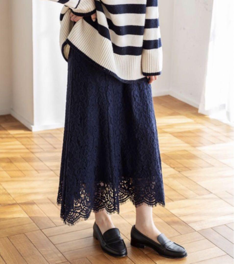 IENA イエナ フラワーレースフレアスカート　総レース　ネイビー 40 L