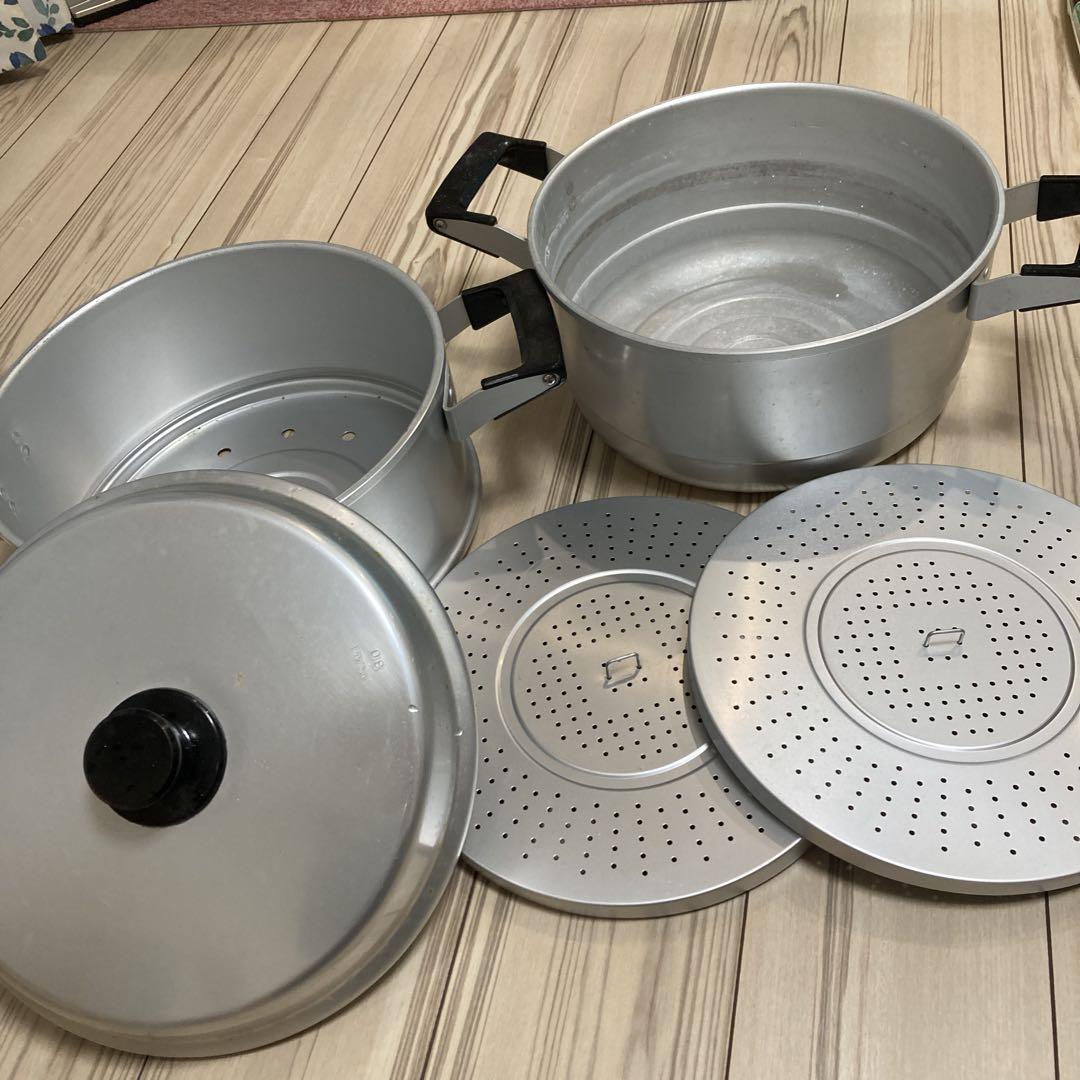 AKAOアカオアルミ丸型蒸し器スチームクッカー 30㎝大鍋軽量目皿２枚