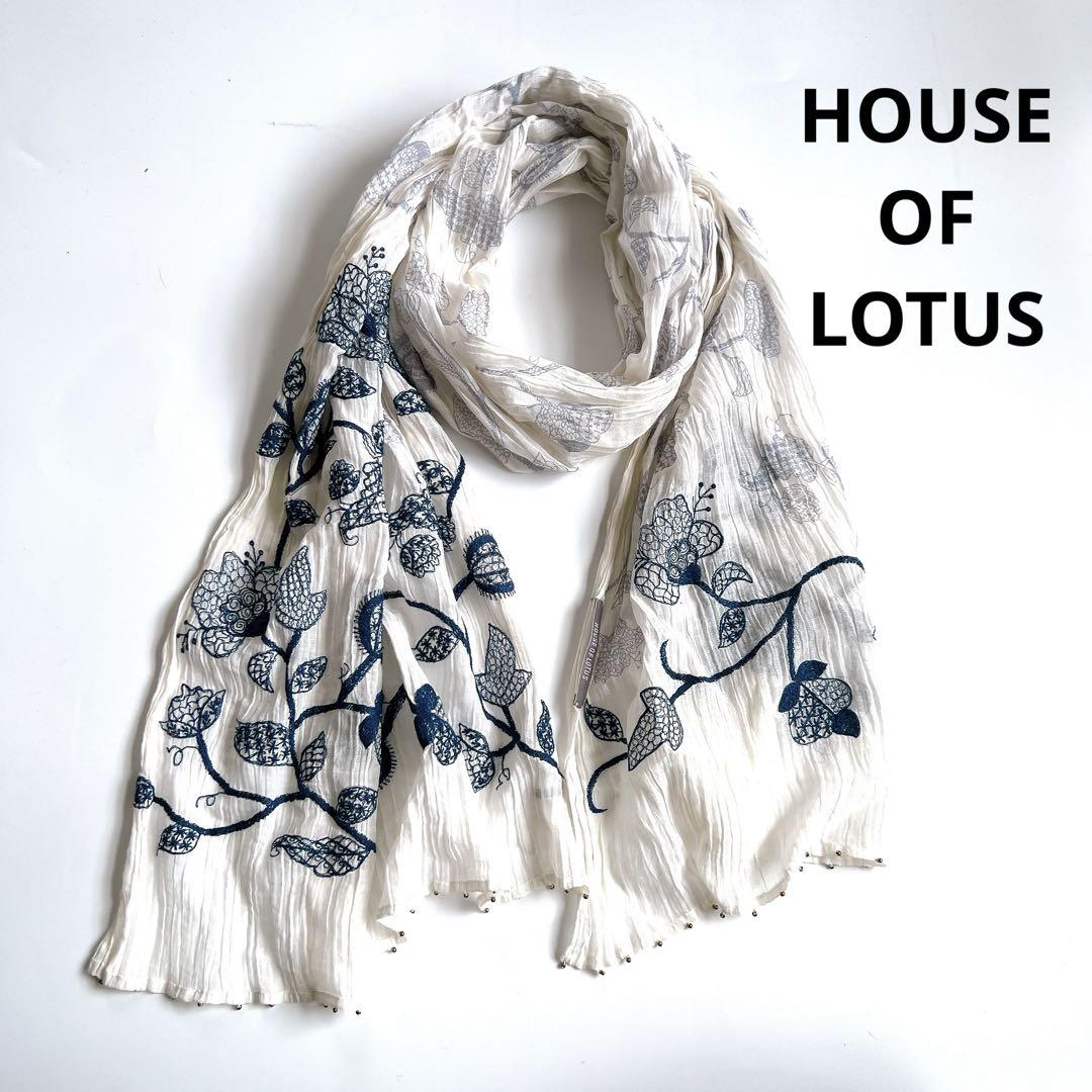HOUSE OF LOTUS 刺繍 リネンストール スカーフ ホワイト×ネイビー