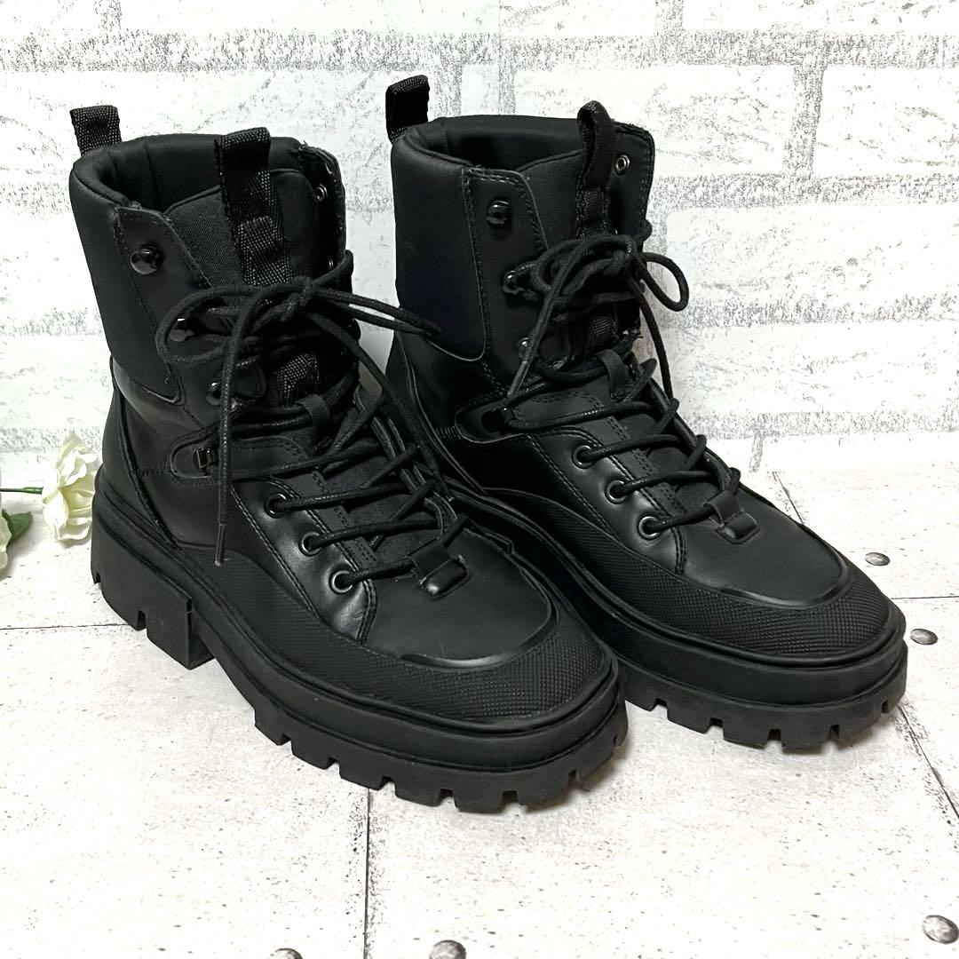 ザラ】ZARA レースアップブーツ チャンキー厚底♡ブラック