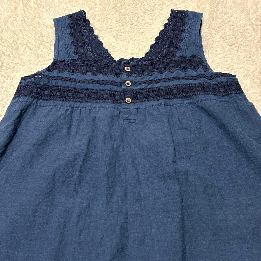 45R 藍インドカディdeカットワークノースリーブトップ