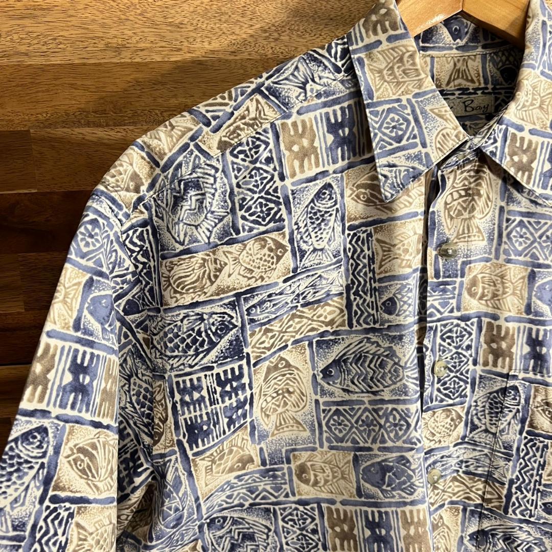 J14】90s Batik Bay 半袖シャツ 総柄 魚柄 ブルー メンズ M