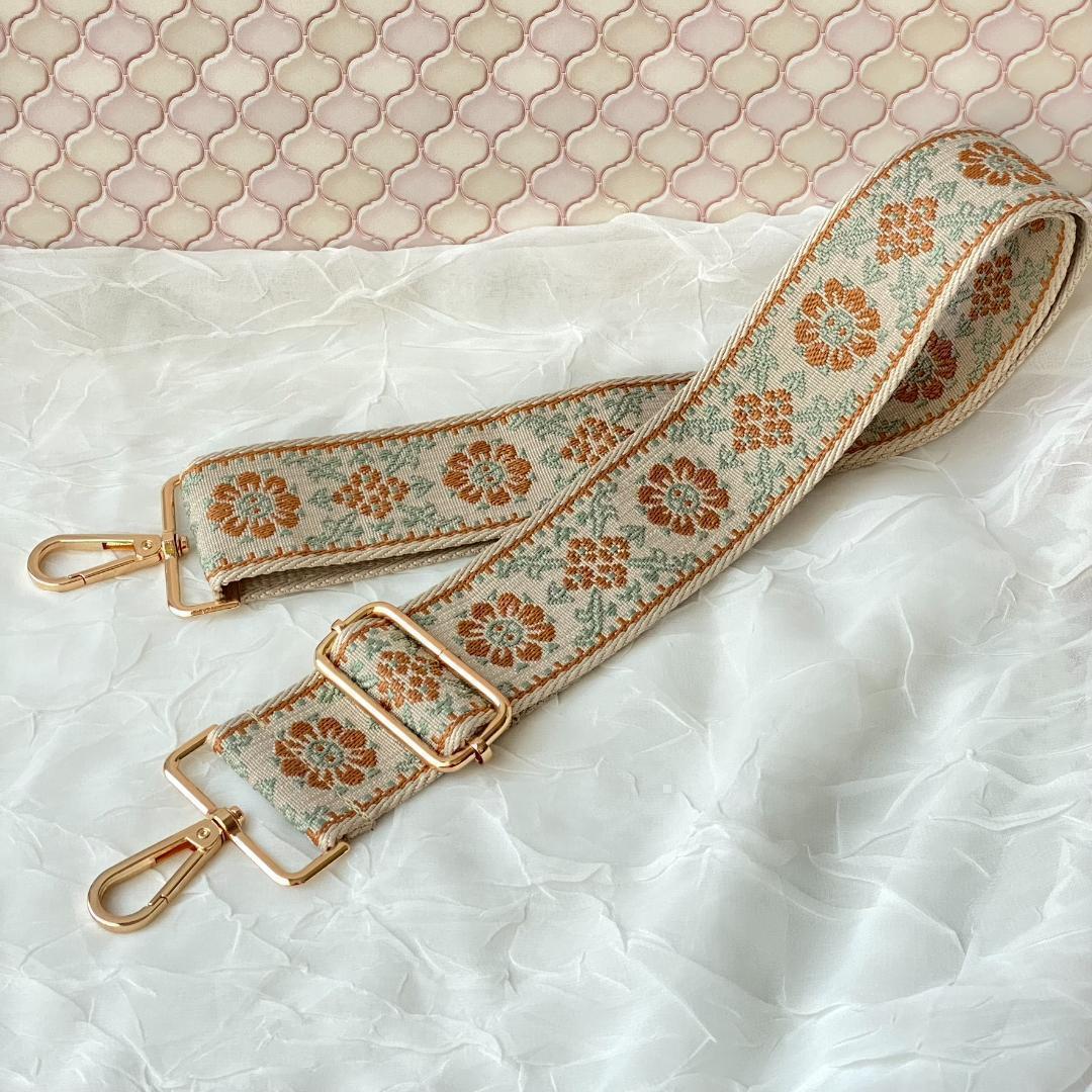 ショルダーベルト 単品 花柄刺繍(ブラウン×ベージュ)5cm幅広