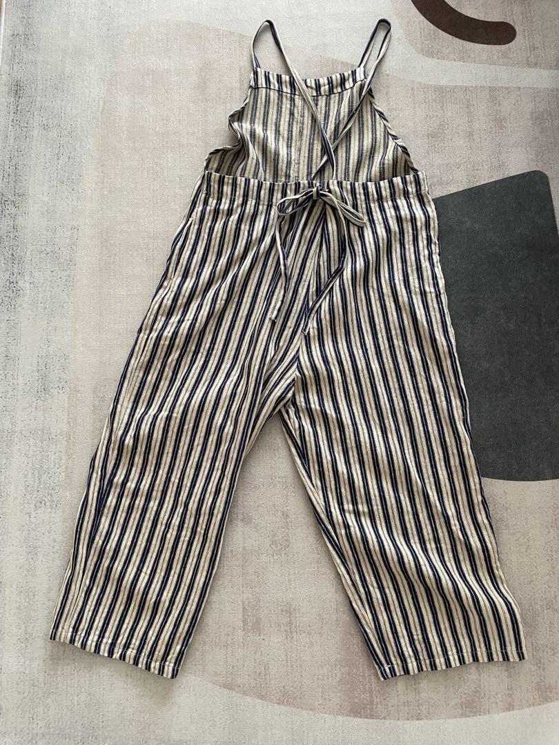 ICHI Antiquites リネンヘリンボーンストライプサロペット