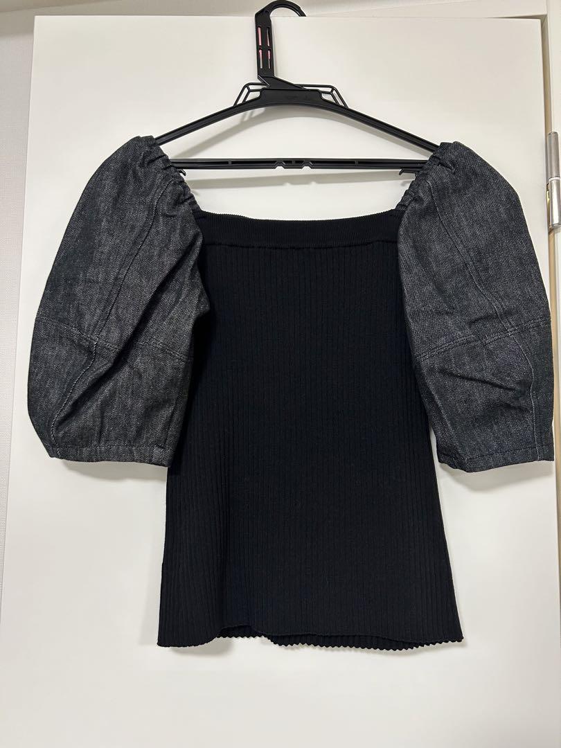 【uncrave】 デニムコンビ ボリュームスリーブニット ブラック 黒 美品】uncrave デニムコンビ ボリュームスリーブニット ブラック