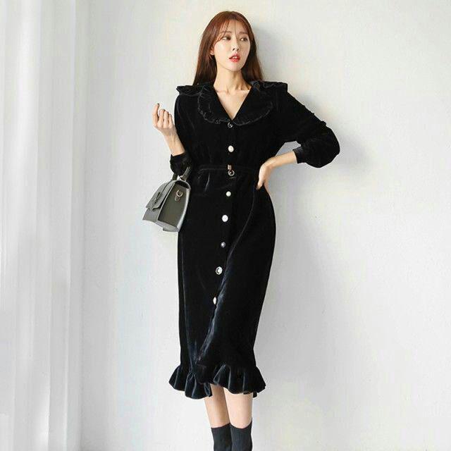 ロングワンピース 冬 ロングワンピース 長袖ロングワンピース ワンピース 黒