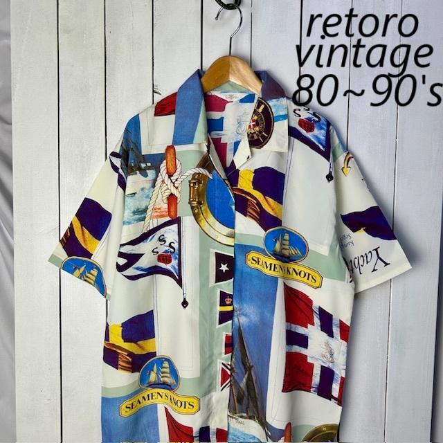 レトロ古着 80s～90s 薄手 北欧国旗・帆船 転写比翼開襟ブラウス シャツ