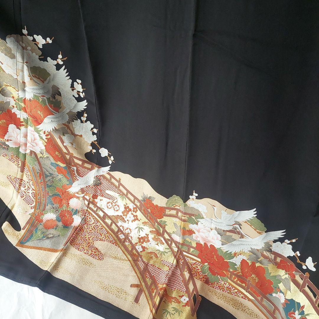 黒留袖 比翼仕立て 五つ紋 紅下黒染 神光黒 鶴 松竹梅 牡丹 お