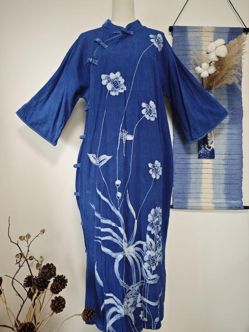 藍染 手作り ろうけつ染め ロングワンピース　八分袖