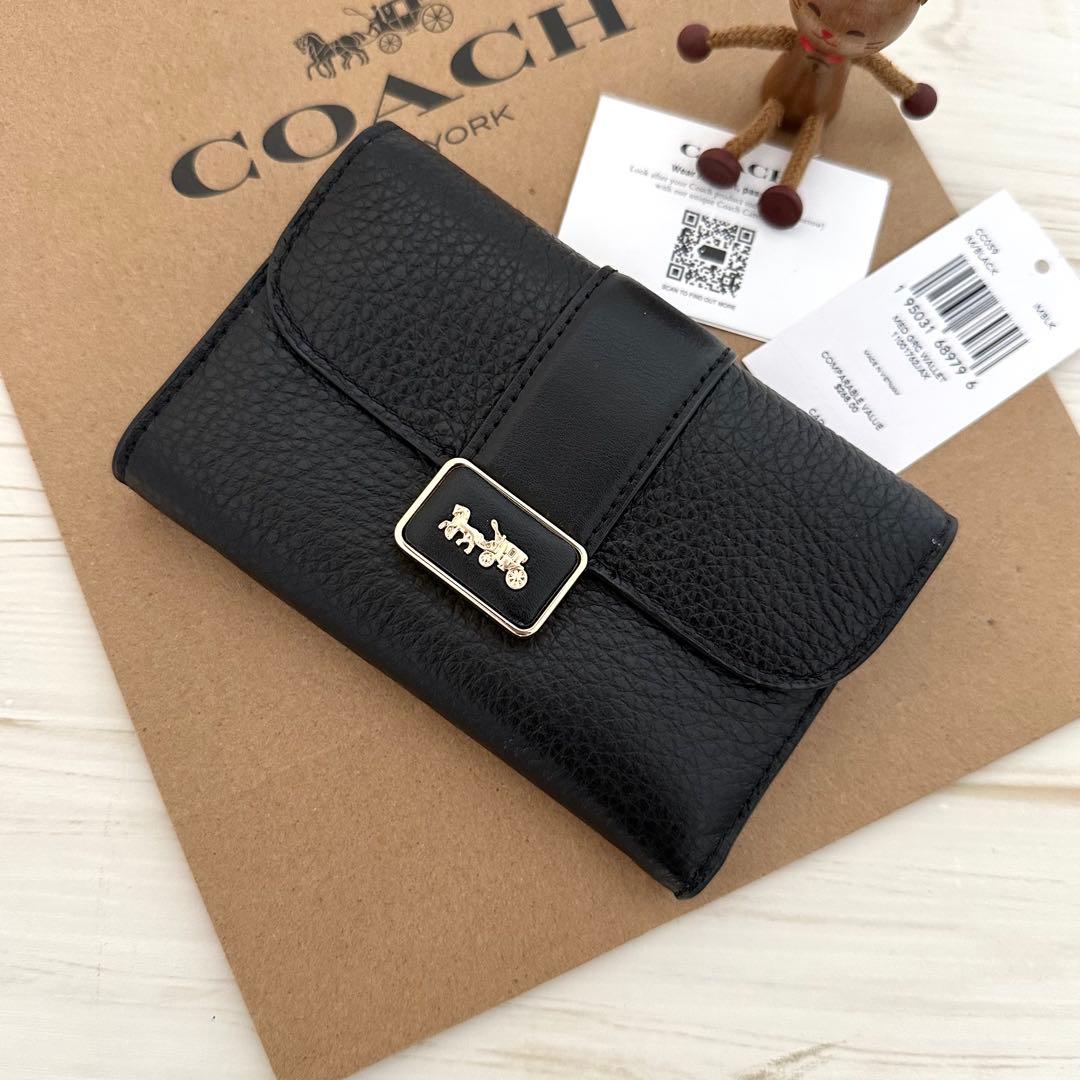 新品　COACH　コーチ 折り財布　ブラック 3つ折り財布 上質レザー