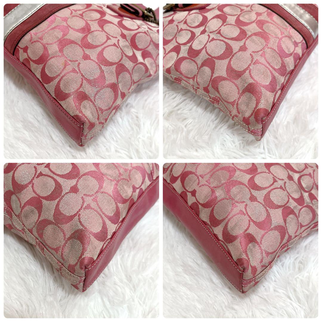 美品✨コーチ ピンク シルバー トート 肩がけ 花 キャンバス
