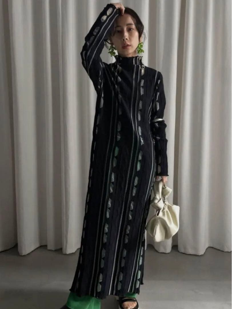 新素材新作 アメリ DRESS KNIT GEOMETRIC SHEER MEDI ロングワンピース