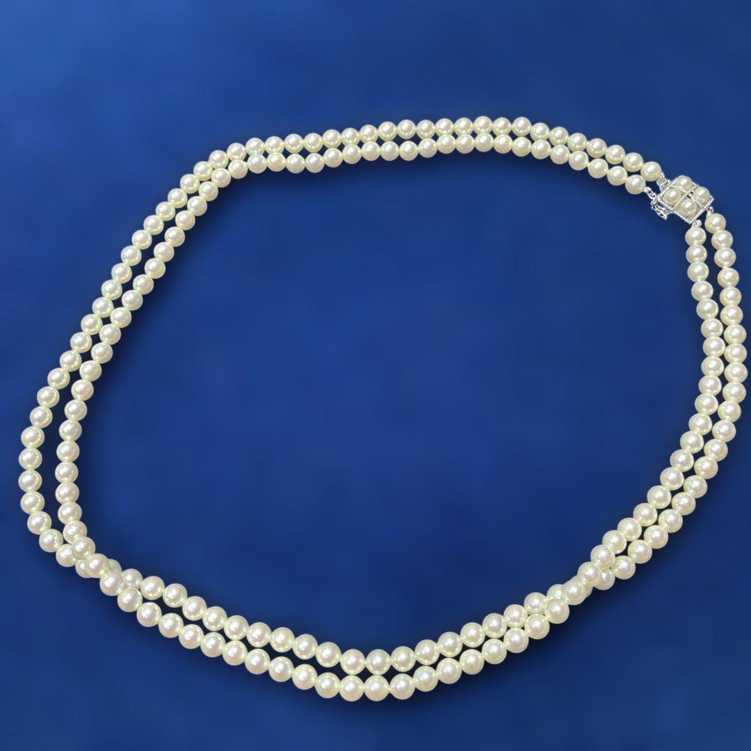 極美品 2連リアルパール ネックレス シルバー刻印有 全長58 パール直径0.5