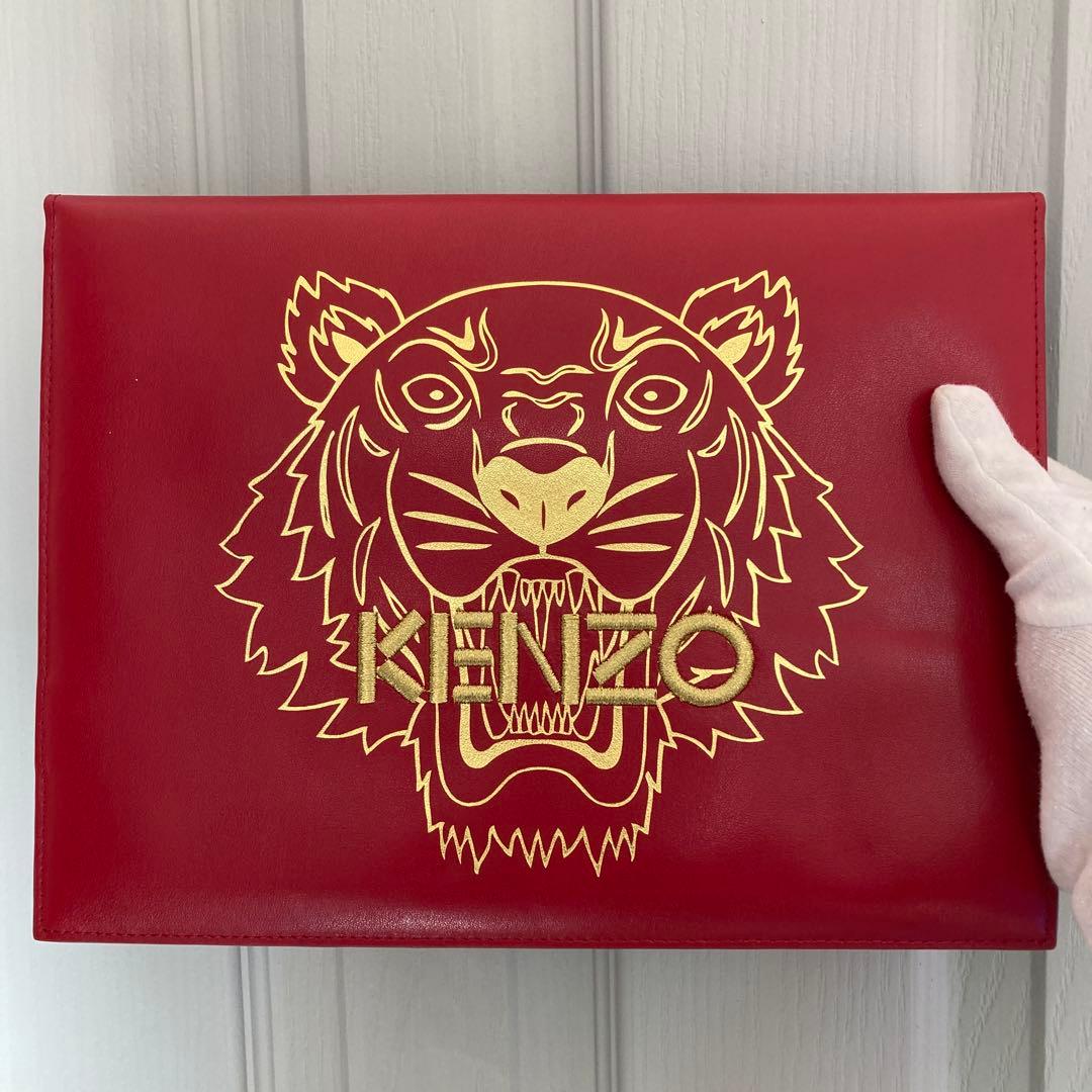 KENZO ケンゾー タイガー プリント ロゴ 刺繍 レザー クラッチバッグKenzo