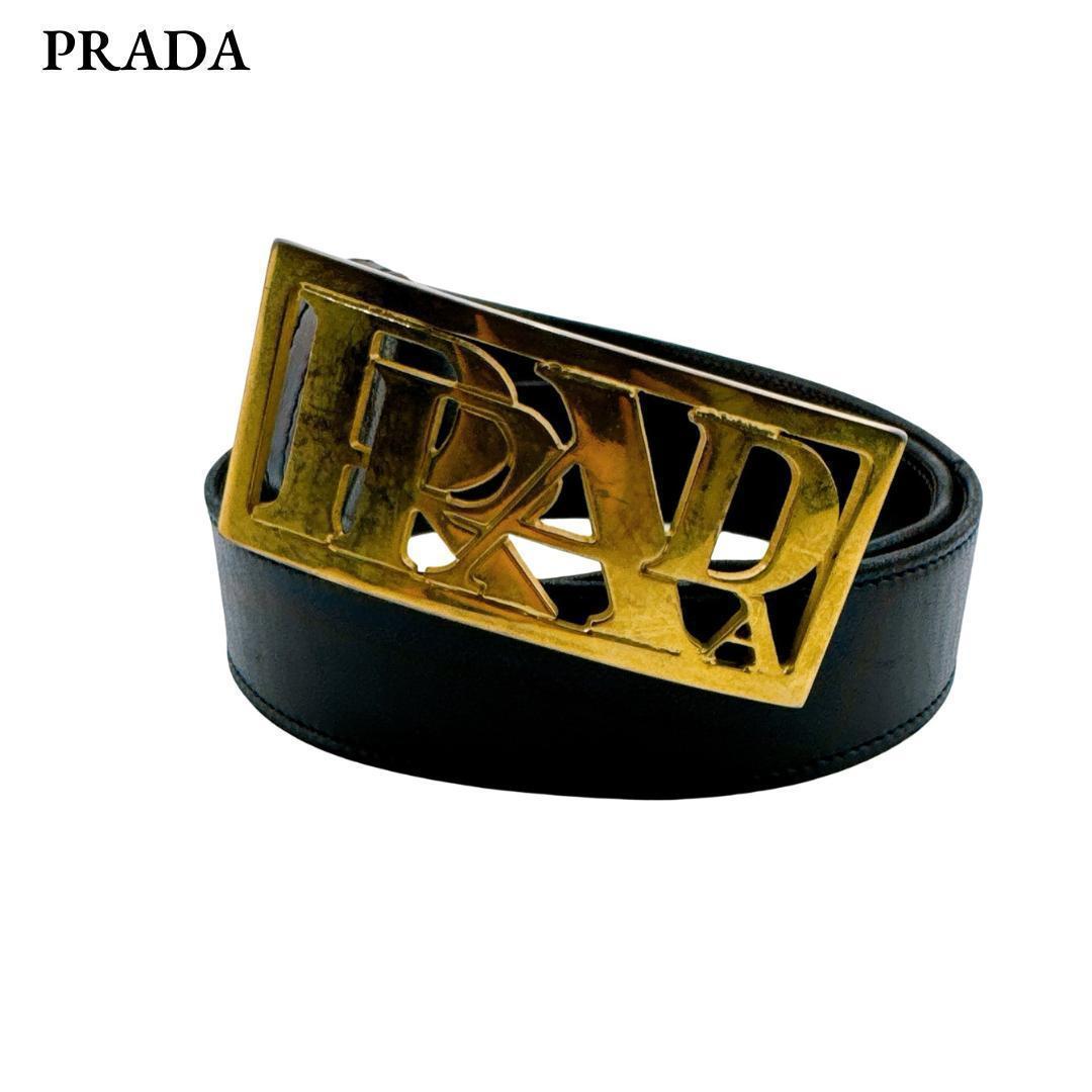 プラダ ロゴ ベルト 表記65 26 レザー ゴールド金具 レディース ブラックPRADA