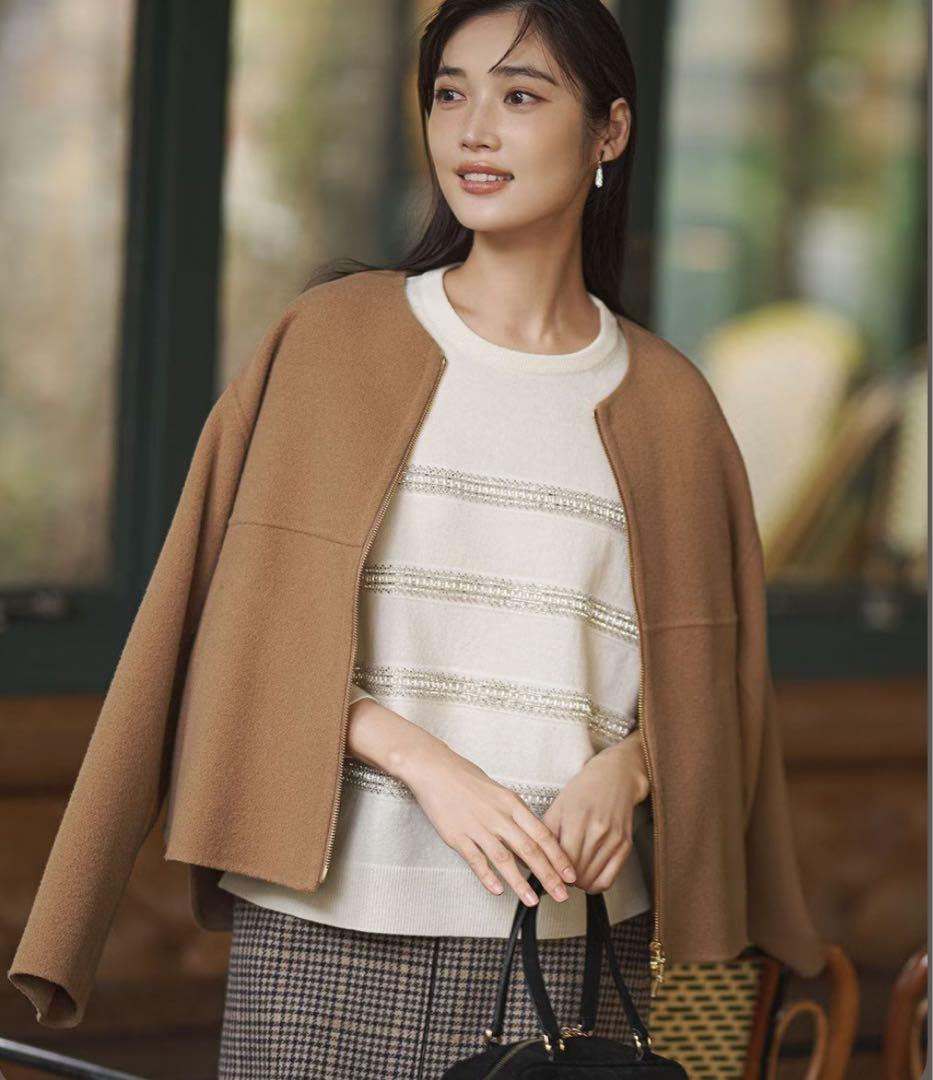 新品未使用23区レディースノーカラージャケット キャメル32